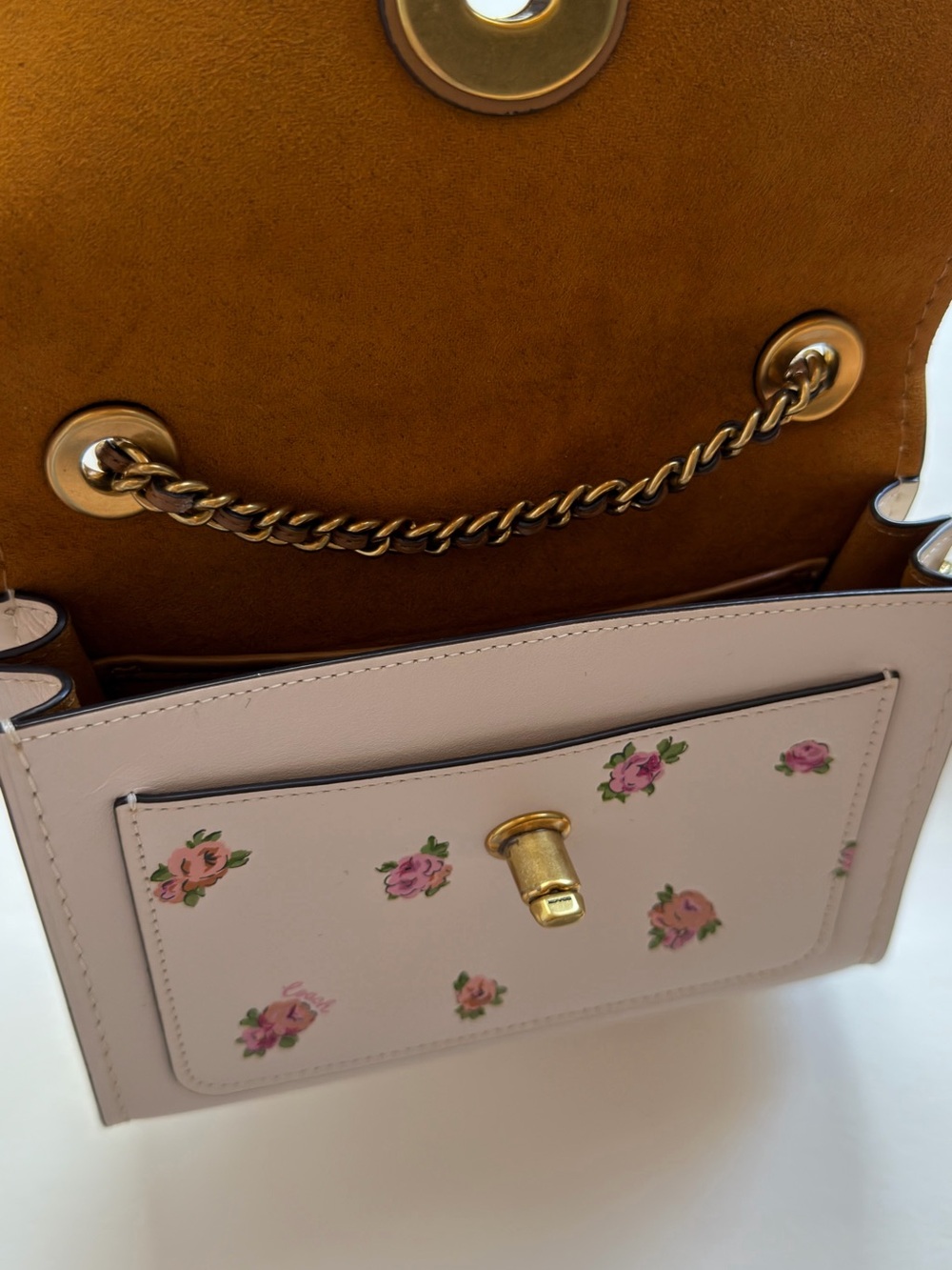 Coach White Floral Turnlock Crossbody Bag with Gold Chain - Picture 5 of 8